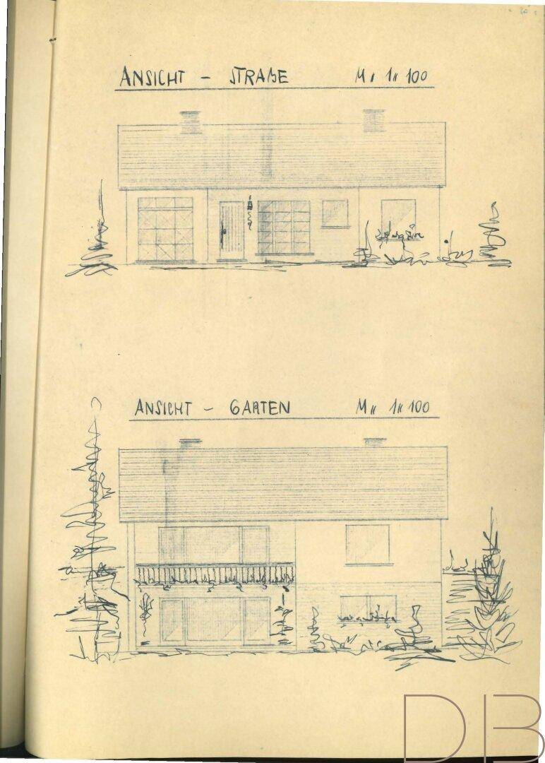 Ansichten des Hauses von der Straße und vom Garten, zeigen die Fassadengestaltung.