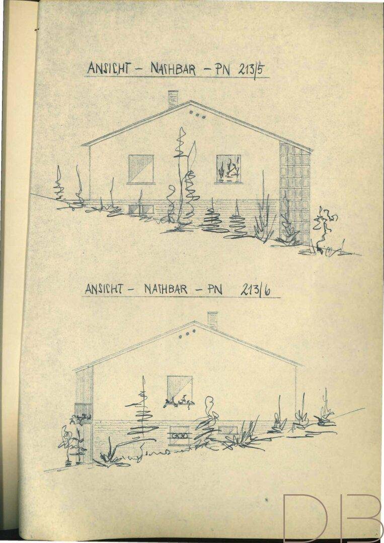 Seitenansichten des Hauses, die die Gestaltung der Fassaden zu den Nachbargrundstücken zeigen.