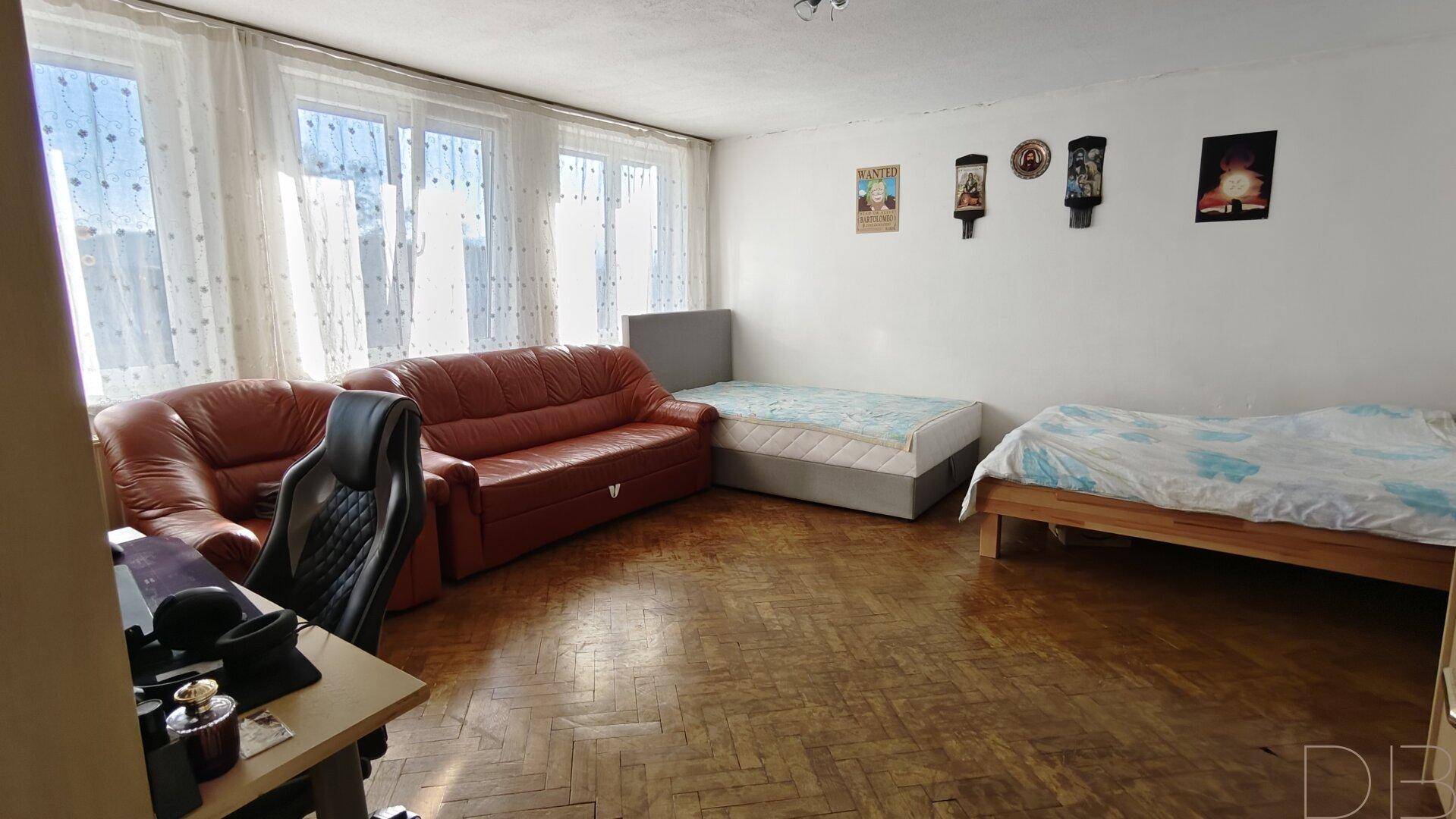 Geräumiges Zimmer mit Sofa und Betten, bietet flexible Nutzungsmöglichkeiten.