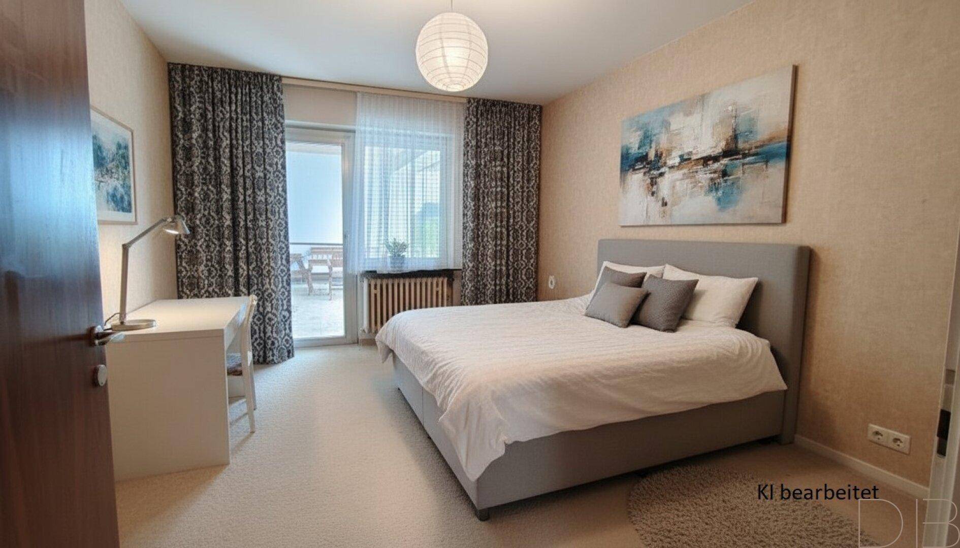 Gemütliches Schlafzimmer mit Teppichboden, Doppelbett, Schreibtisch und Zugang zu einem Balkon.