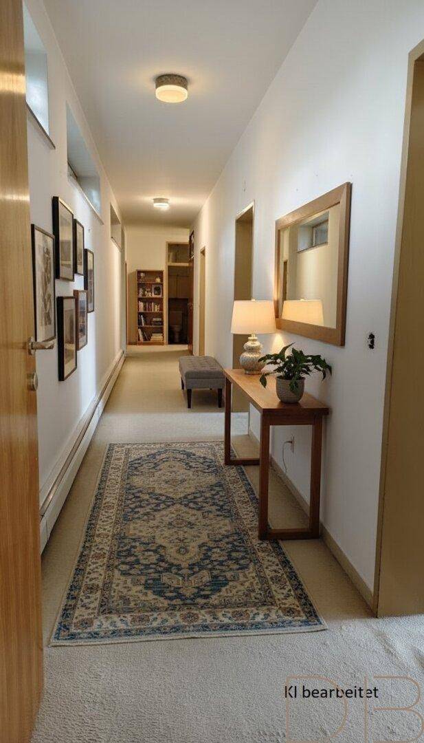 Langer, heller Flur mit Teppichläufer, Spiegel und einer Konsole mit Dekoration.
