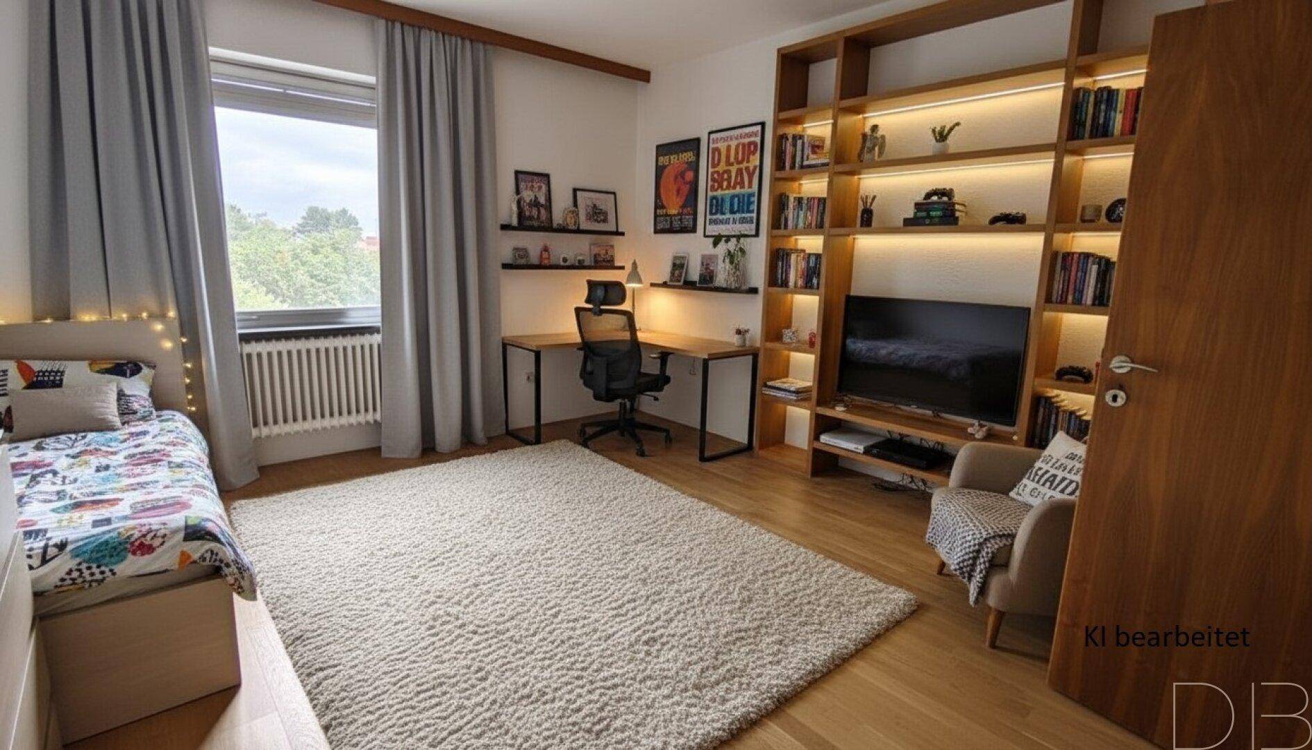 Jugendzimmer mit Einzelbett, Schreibtisch, großem Regal mit Beleuchtung und Holzboden.