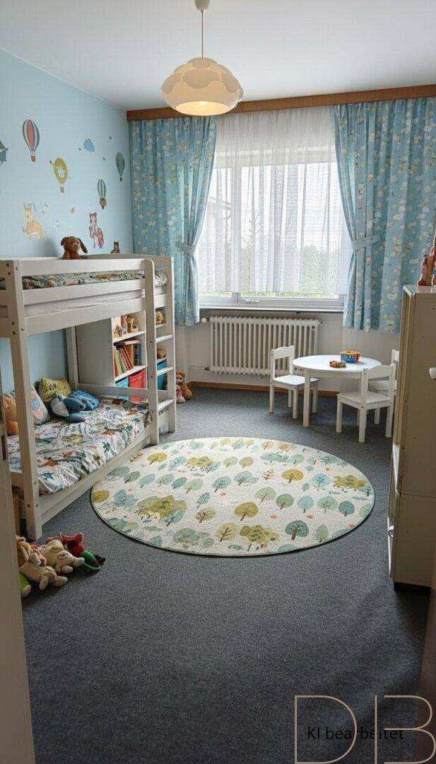 Helles Kinderzimmer mit Etagenbett, Spielteppich, Kindermöbeln und bunten Wanddekorationen.