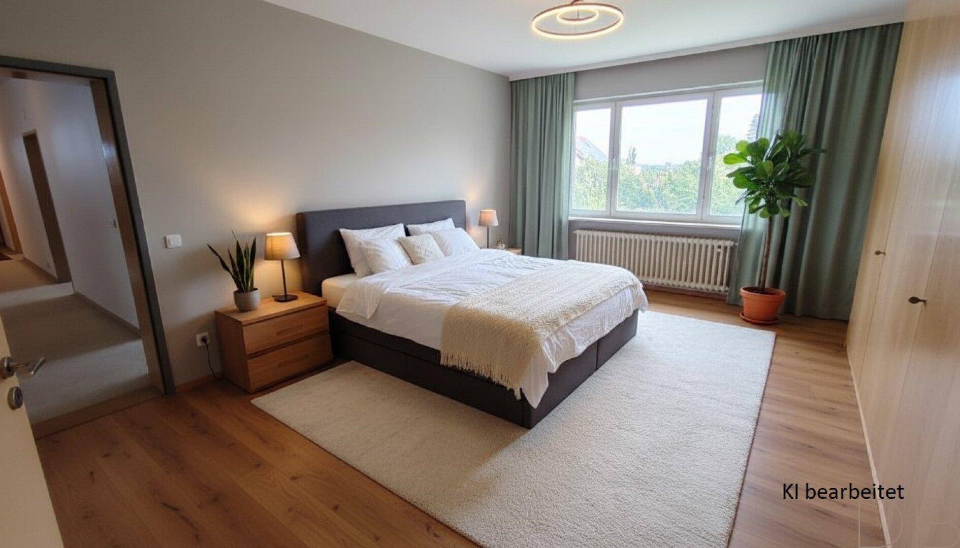 Ruhiges Schlafzimmer mit Doppelbett, Holzboden, großem Fenster und Blick ins Grüne.