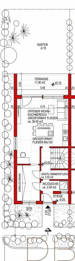 Grundriss des Erdgeschosses mit offener Wohnküche, Terrasse und Gartenbereich.