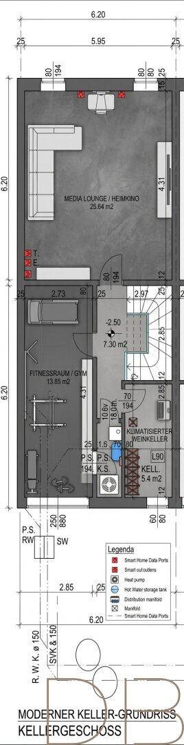 Grundriss des modernen Kellergeschosses mit Fitnessraum, Medienlounge und Weinkeller.
