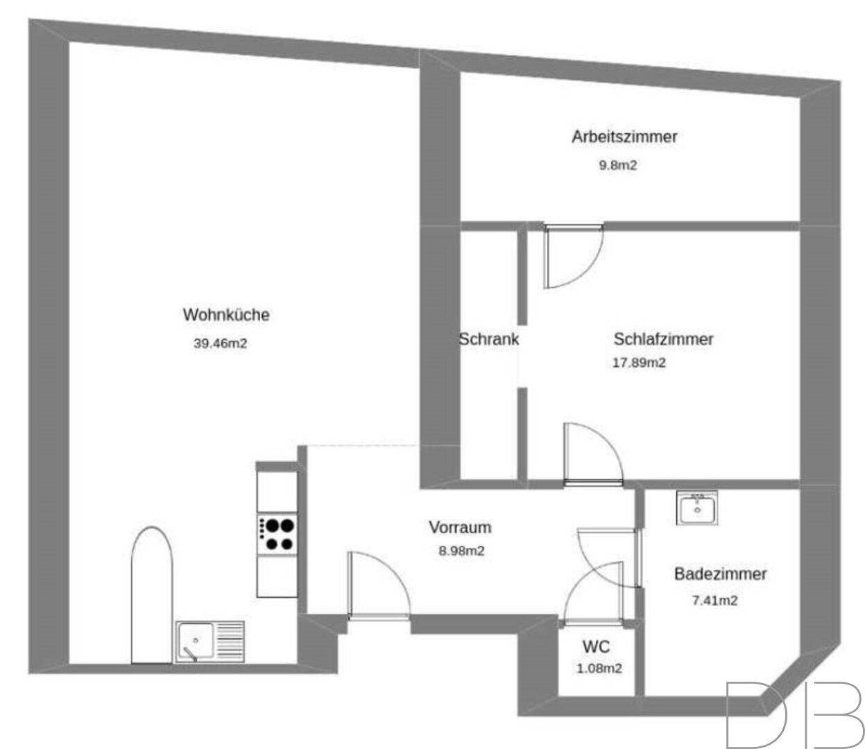 Grundriss der Wohnung mit Wohnküche, Schlafzimmer, Arbeitszimmer und Bad.