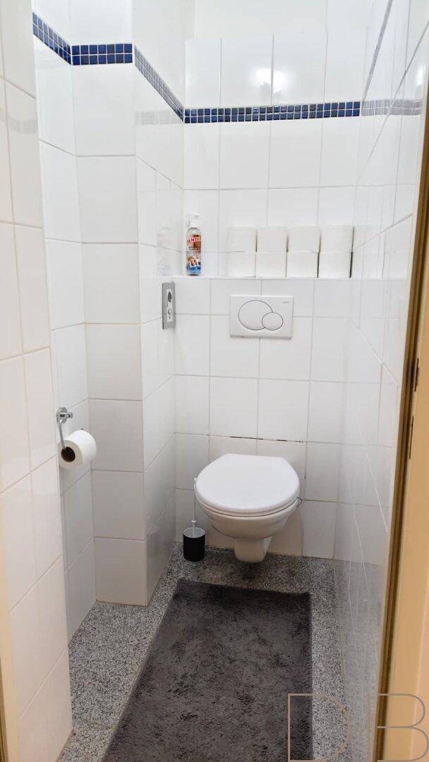 Separate Toilette mit Wand-WC und weiß-blauen Fliesen.