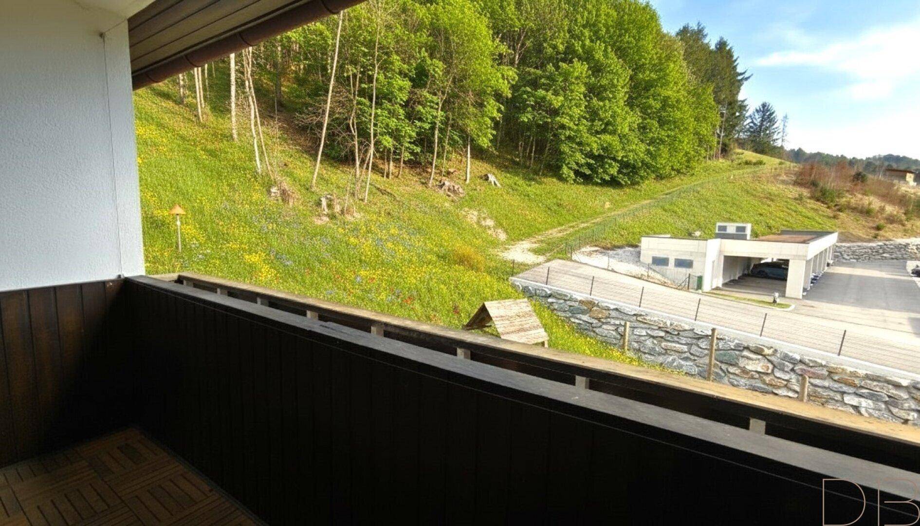 Balkon mit Holzboden und dunklem Geländer, bietet einen weiten Blick auf grüne Hügel und Bäume.
