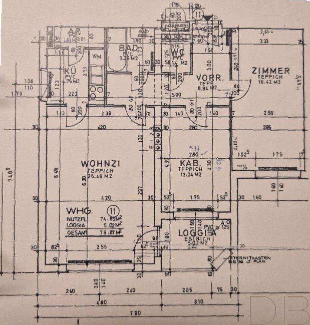 Detaillierter Grundriss mit Raumaufteilung und einer Loggia.