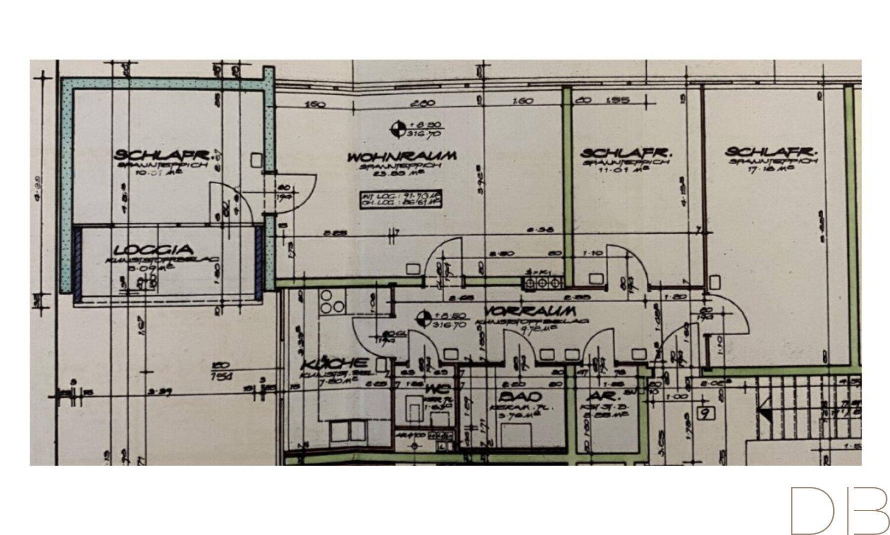 Detaillierter Grundriss mit Aufteilung in Schlafzimmer, Wohnraum, Küche und Loggia.