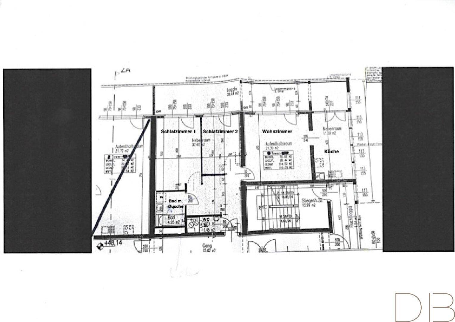 Grundrissplan einer Wohnung mit zwei Schlafzimmern, Wohnzimmer, Küche und Bad.