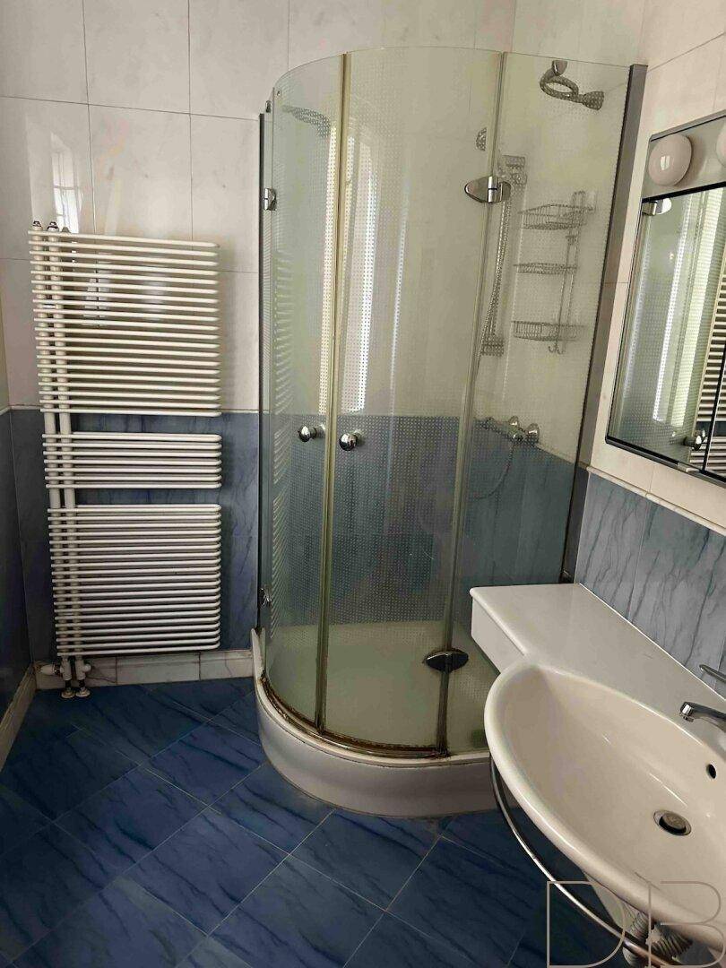 Badezimmer mit blauen Fliesen, Duschkabine und einem beheizten Handtuchhalter.