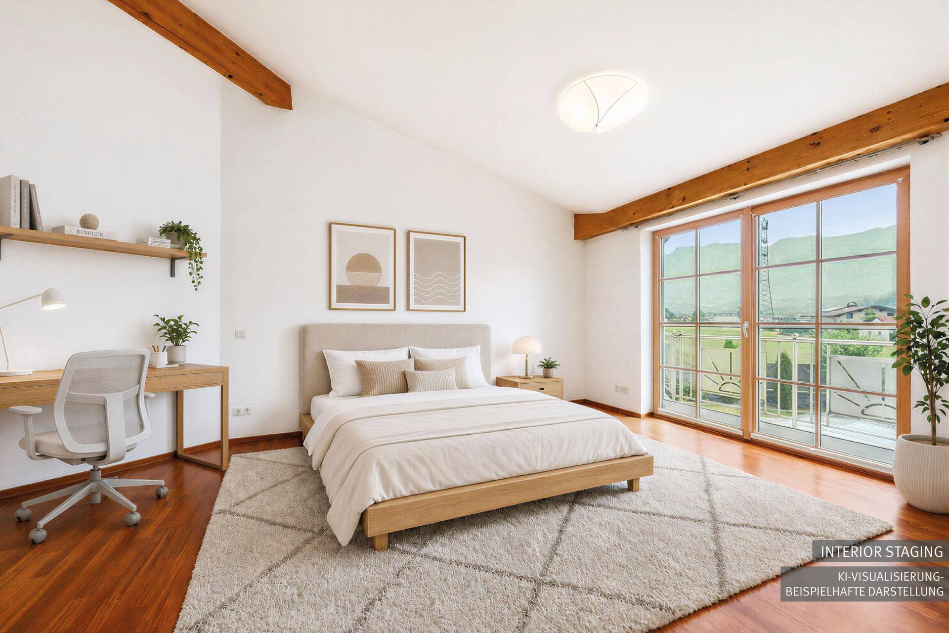 Geräumiges Schlafzimmer mit Holzbalken, großem Fenster und Blick auf die Landschaft.