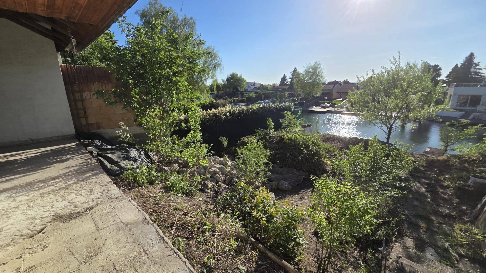 Blick vom Haus auf den ungepflegten Gartenbereich mit dem Kanal im Hintergrund.