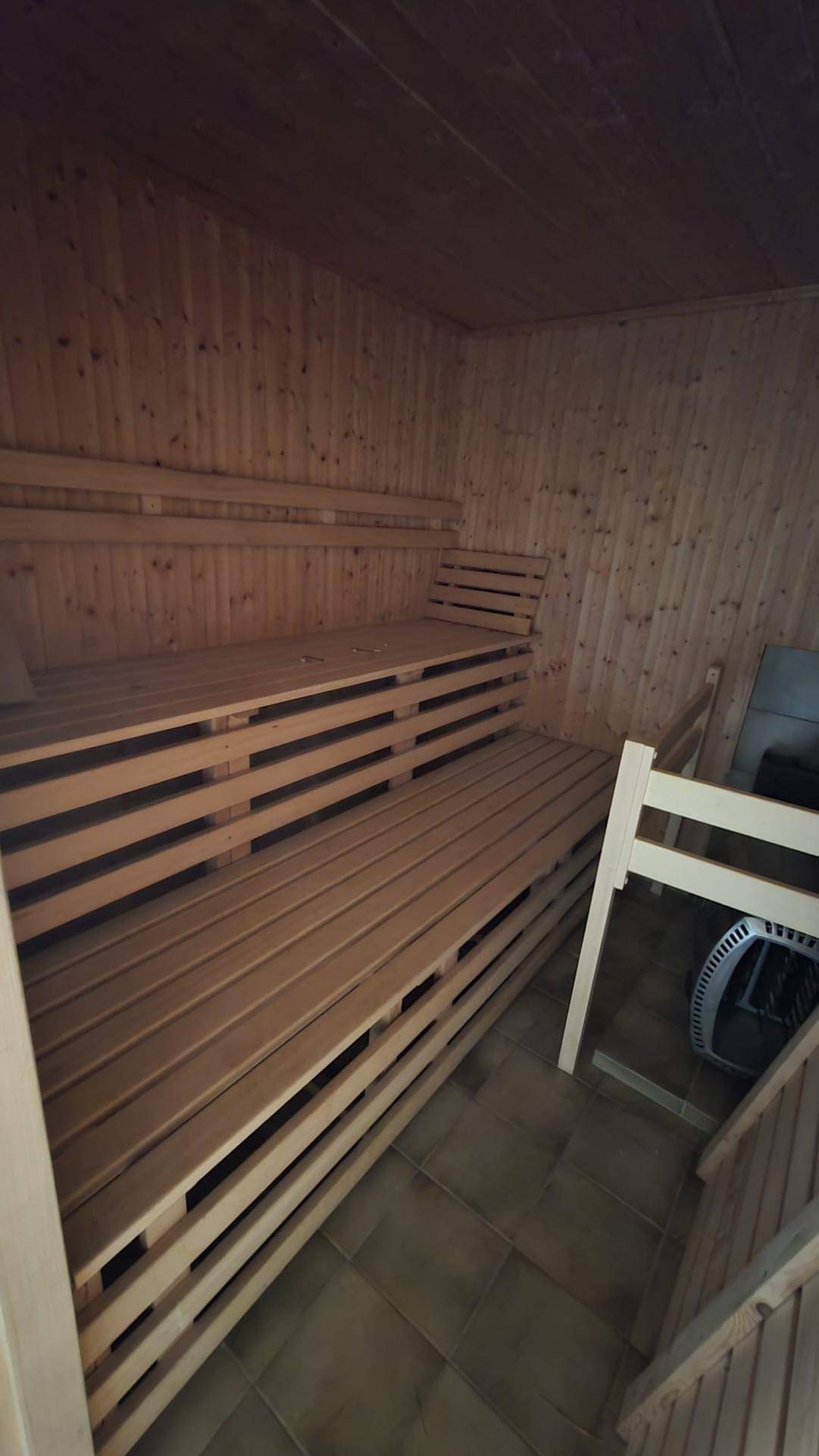 Holzverkleidete Sauna mit mehreren Bänken für Entspannung und Wellness im Innenbereich.