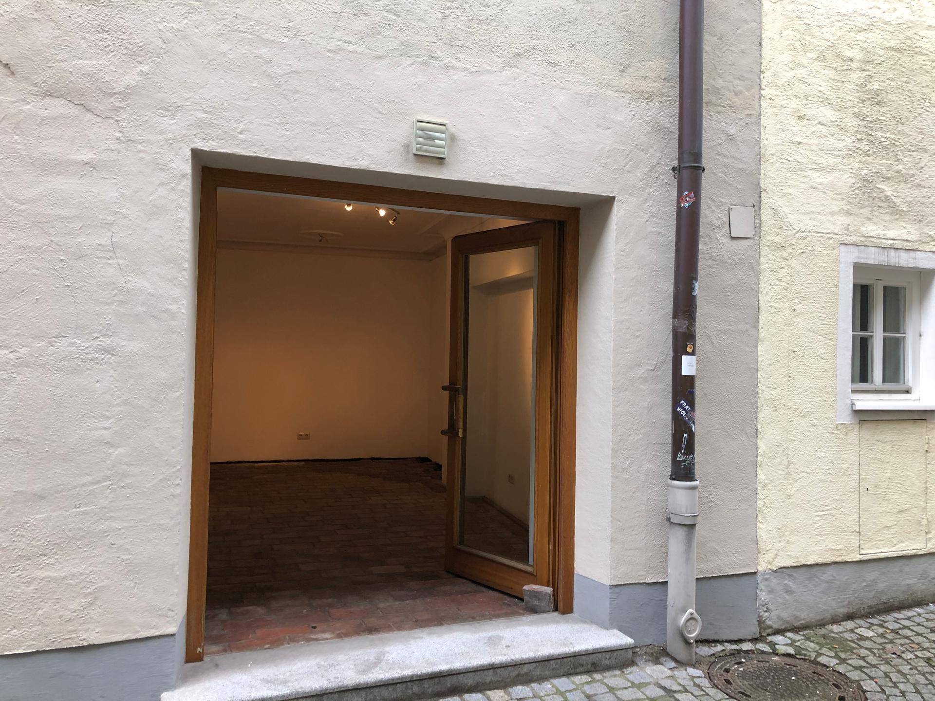 Eingangsbereich eines Gebäudes mit Holztür und Fenster, umgeben von einer hellen Putzfassade.
