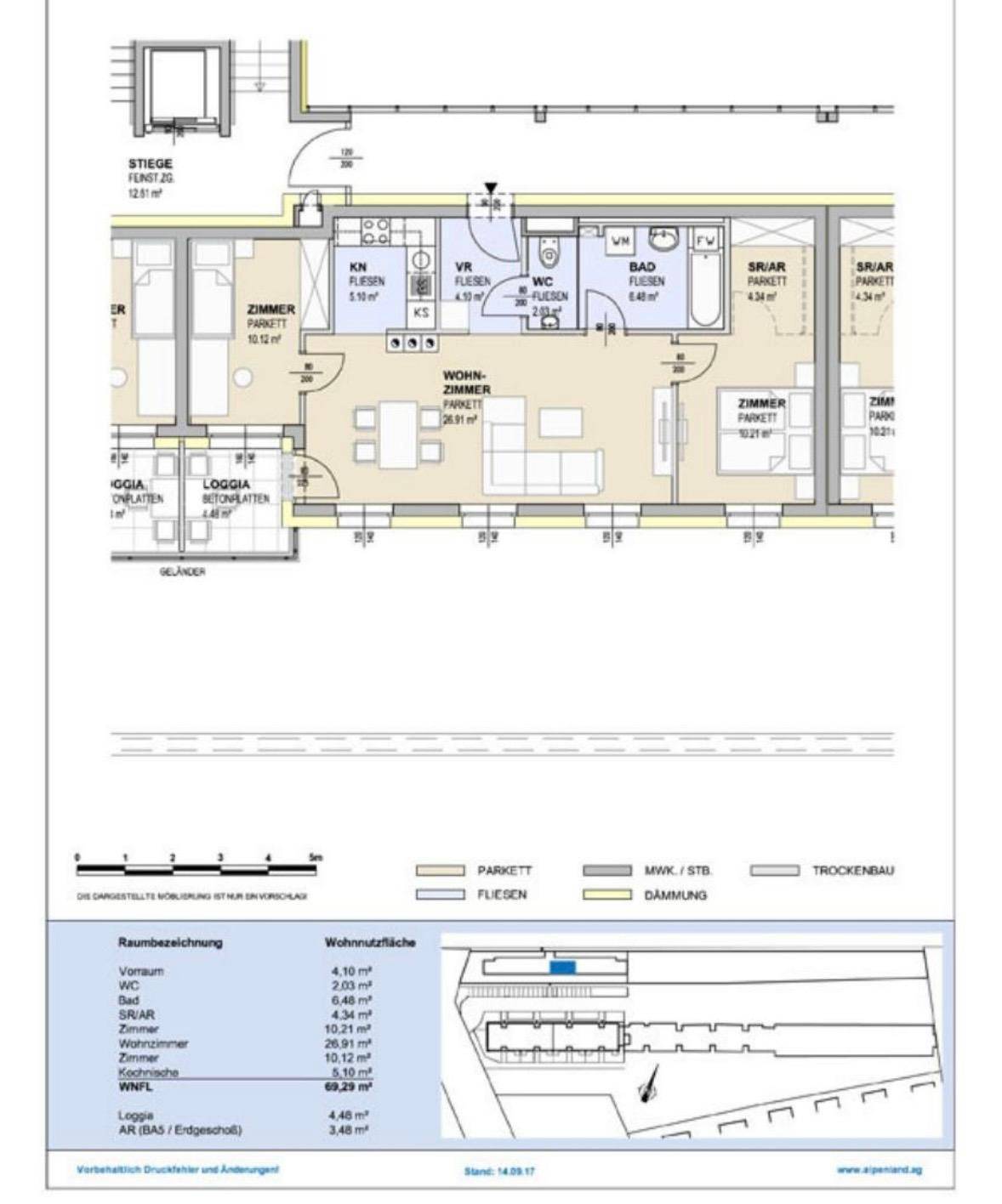 Detaillierter Grundriss der Wohnung mit Raumaufteilung und Flächenangaben.