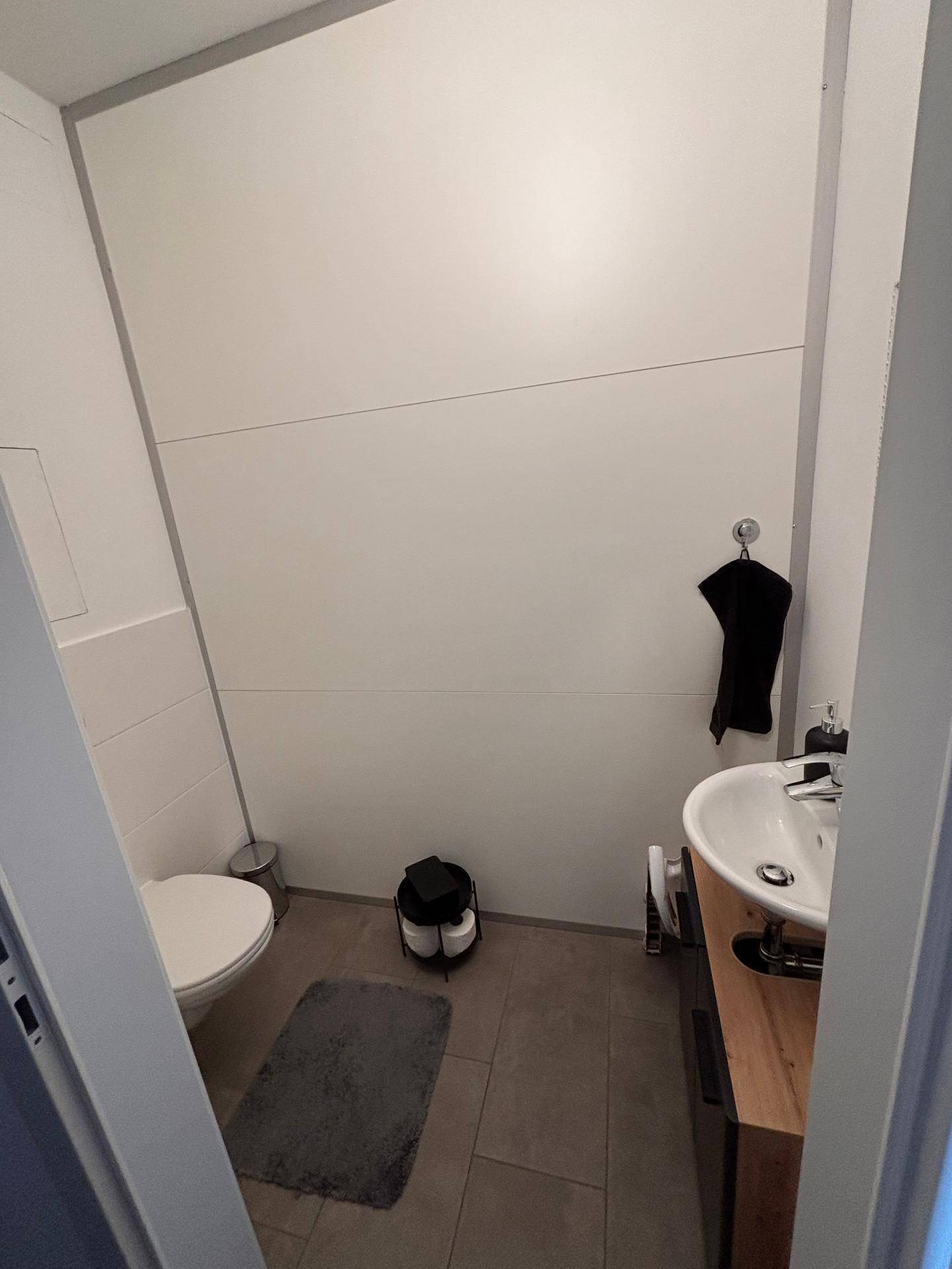 Modernes Gäste-WC mit wandhängender Toilette, kleinem Waschbecken und Fliesenboden.