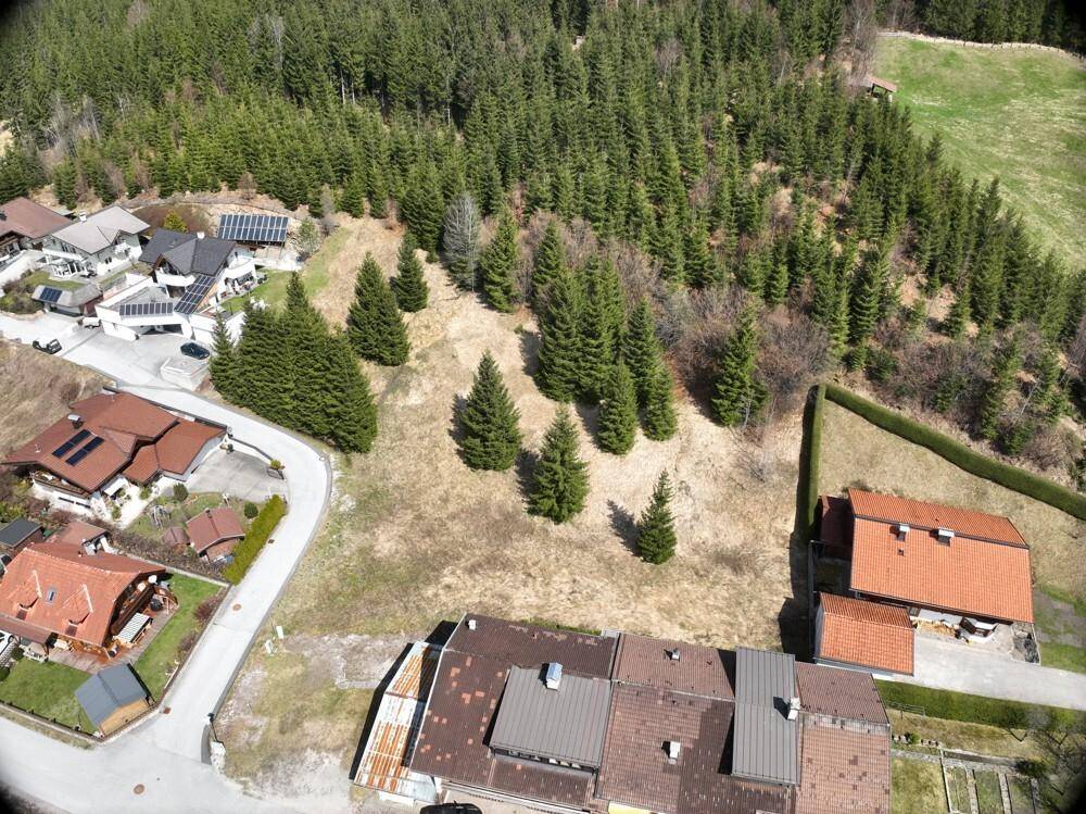 Weitläufige Luftansicht der Wohngegend, umgeben von dichtem Nadelwald.