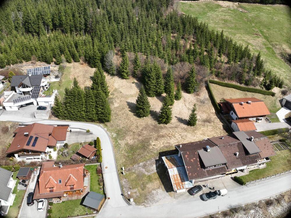 Panoramablick aus der Vogelperspektive auf Häuser und ein großes Waldgebiet.