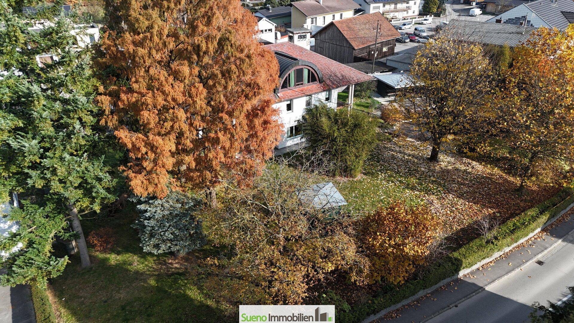 Luftaufnahme des Anwesens mit großem Garten, umgeben von Bäumen und der umliegenden Wohnbebauung.