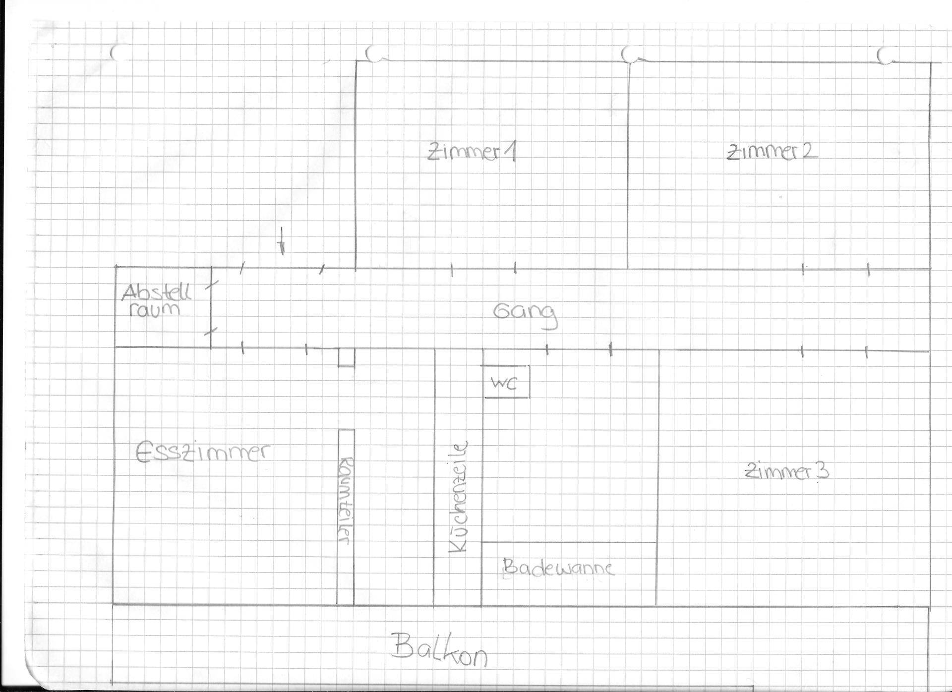 Handgezeichneter Grundriss mit drei Zimmern, Esszimmer, Küche, Bad und Balkon.