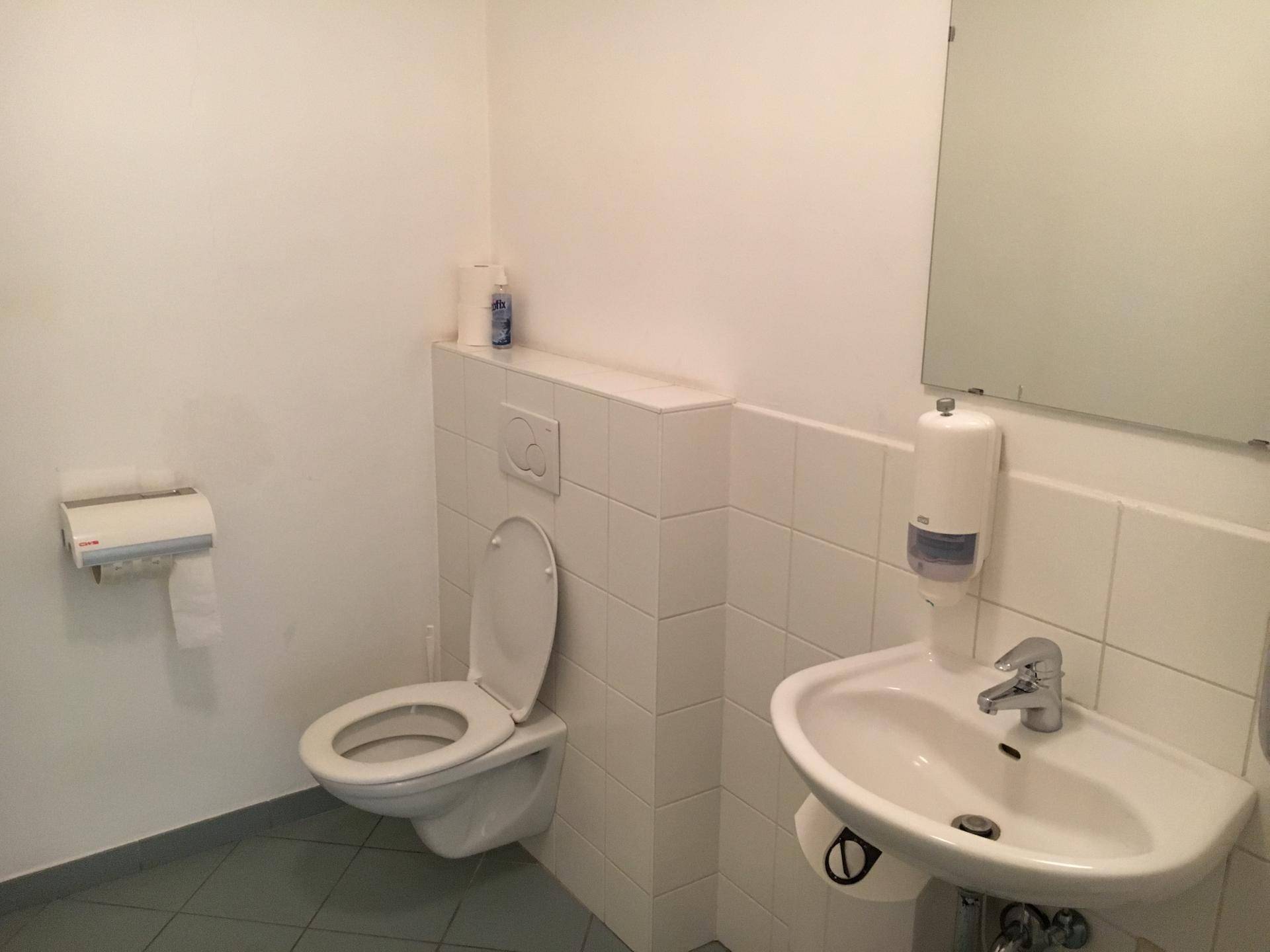 Badezimmer mit weiß gefliesten Wänden, wandhängender Toilette und einem Waschbecken.