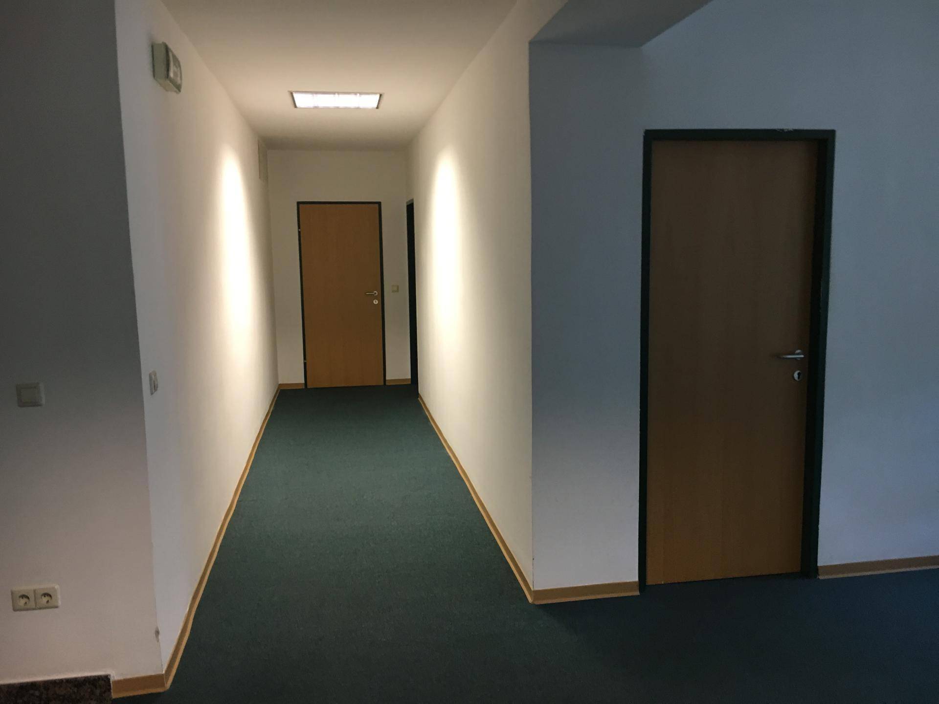 Langer Flur mit dunkelgrünem Teppichboden, weißen Wänden und mehreren Holztüren.