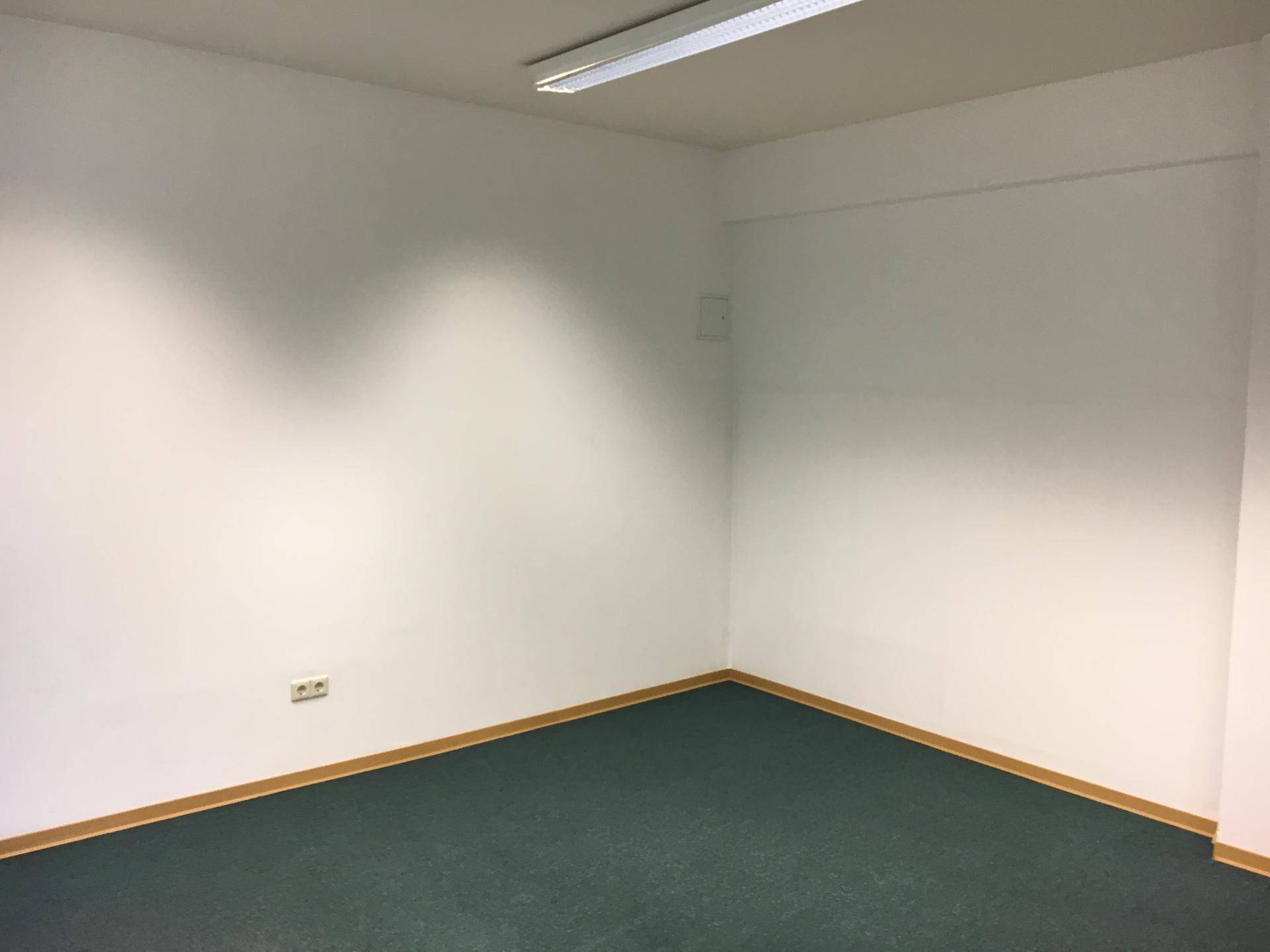 Leerer Büroraum mit weißen Wänden, dunkelgrünem Teppichboden und Deckenbeleuchtung.