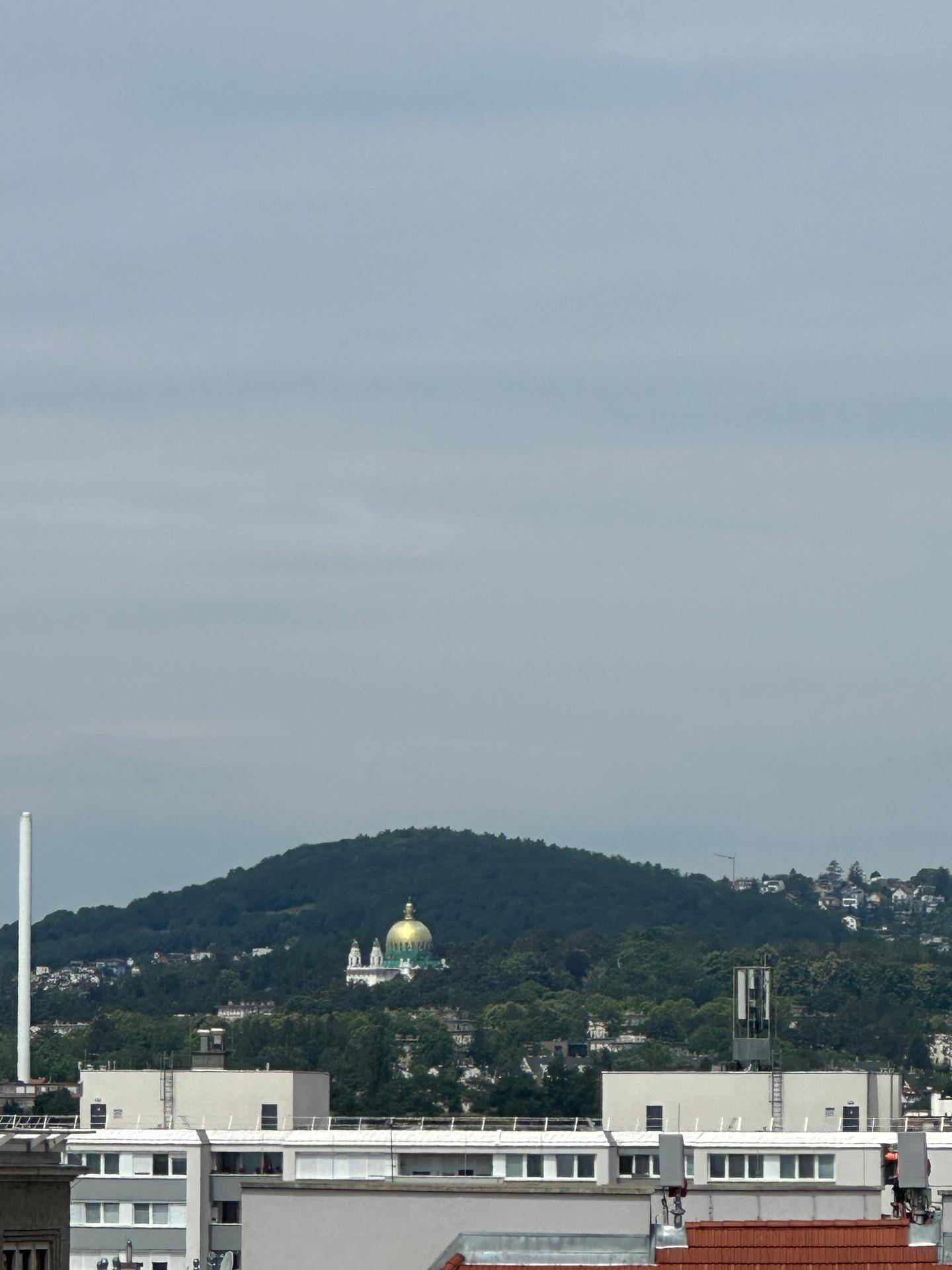 Panoramablick auf eine goldene Kuppelkirche auf einem grünen Hügel, umgeben von städtischer Architektur.