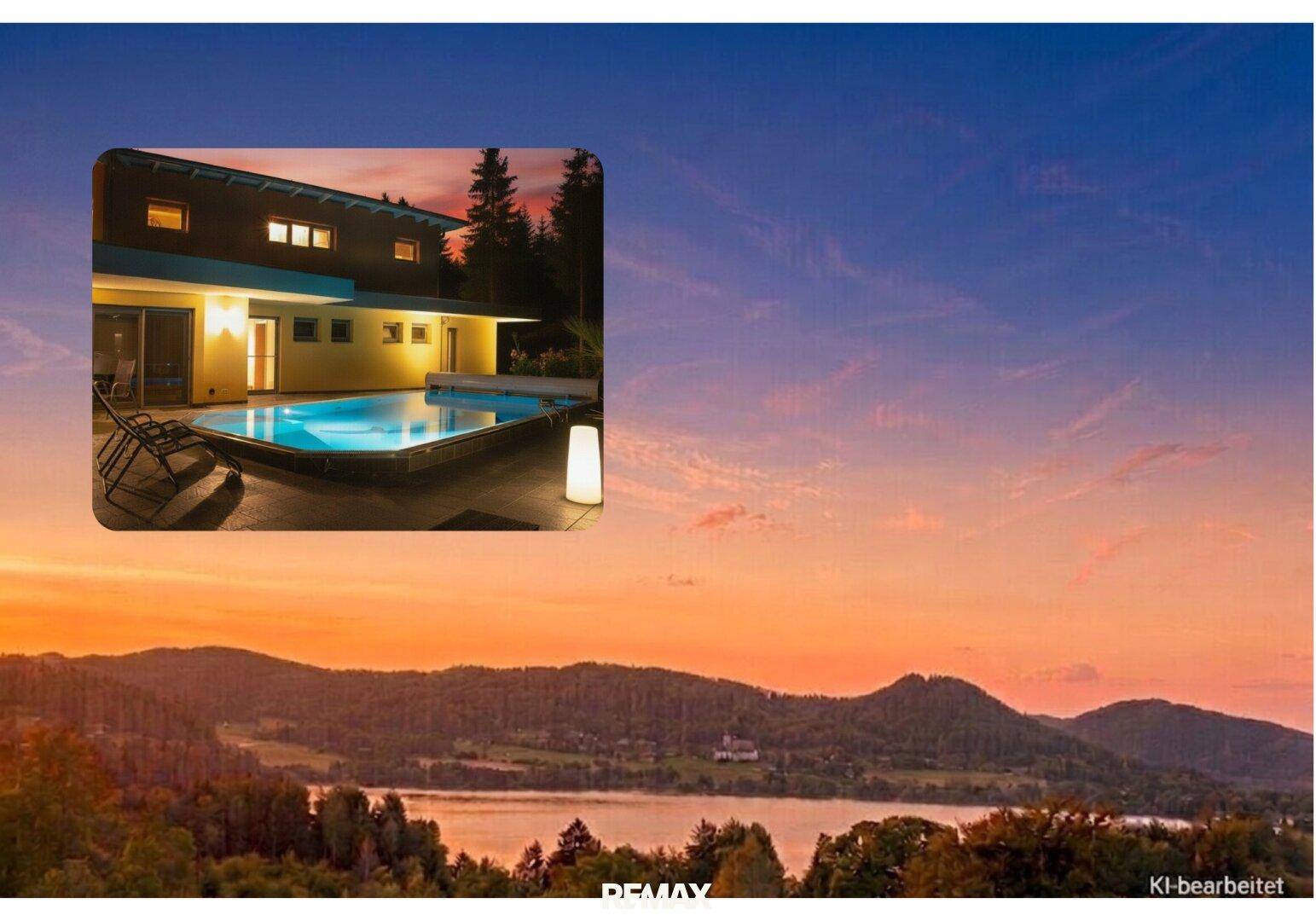 Atemberaubender Sonnenuntergang über See und Bergen, ergänzt durch eine nächtliche Ansicht des Hauses mit beleuchtetem Pool.