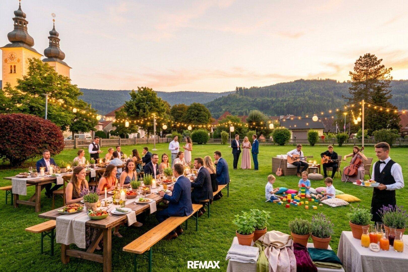 Festliche Gartenparty bei Sonnenuntergang mit vielen Gästen, Live-Musik und stimmungsvoller Beleuchtung.