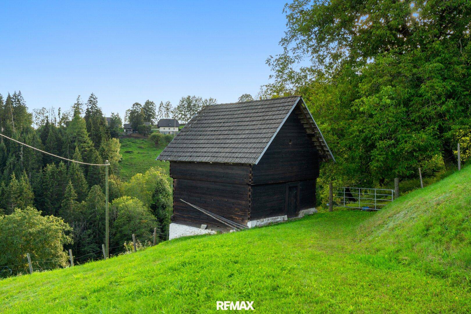 Traditionelle Holzscheune auf einem grünen Hügel, umgeben von Bäumen und ländlicher Idylle.
