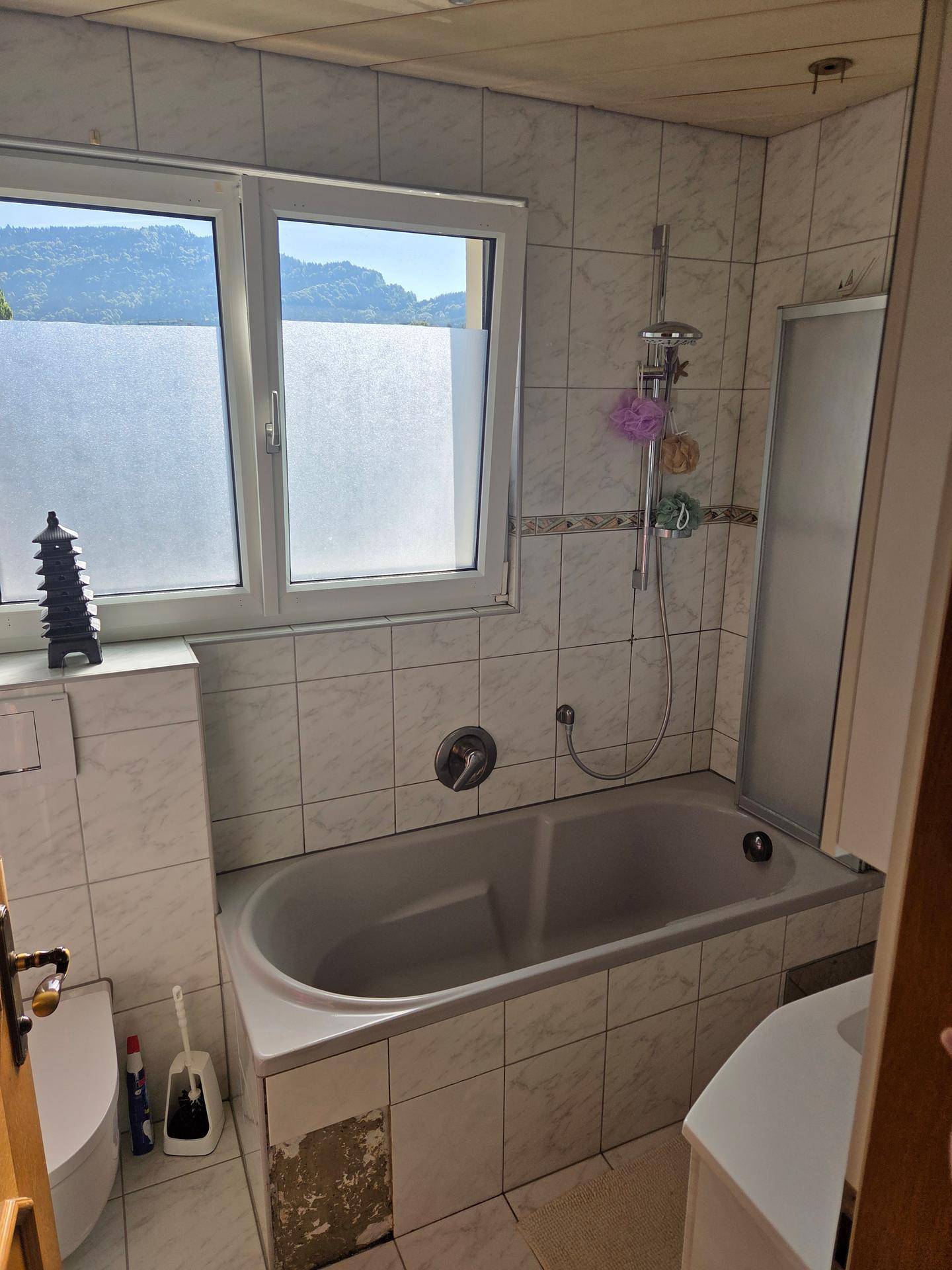 Badezimmer mit Badewanne, Duschvorrichtung und Fenster mit Bergblick.