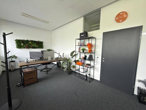Funktionales Büro mit Schreibtisch, Regalsystem und einer dunklen Tür, ergänzt durch eine Wanduhr.