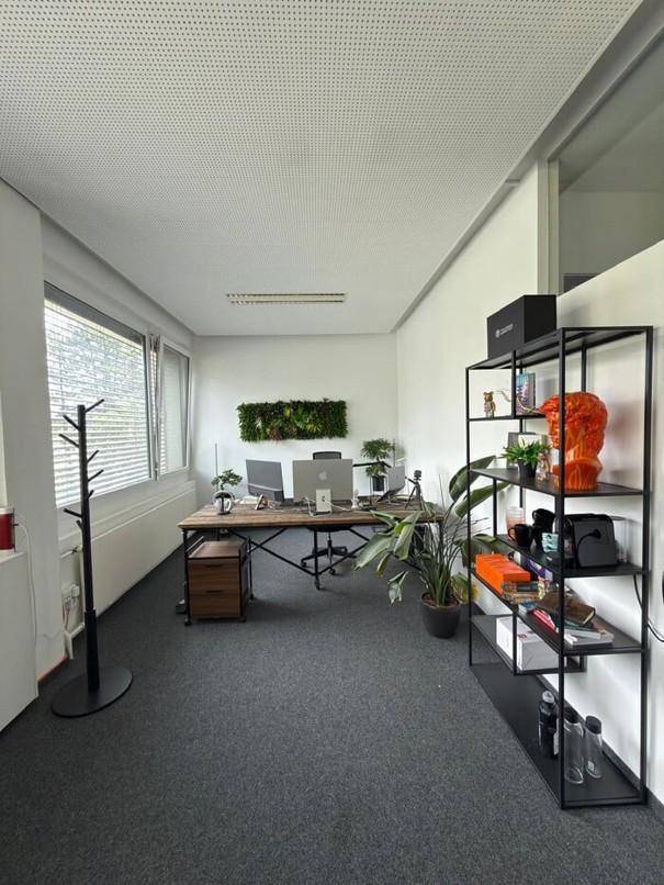 Helles Büro mit modernem Arbeitsplatz, Regalsystem und Pflanzen für eine angenehme Arbeitsatmosphäre.