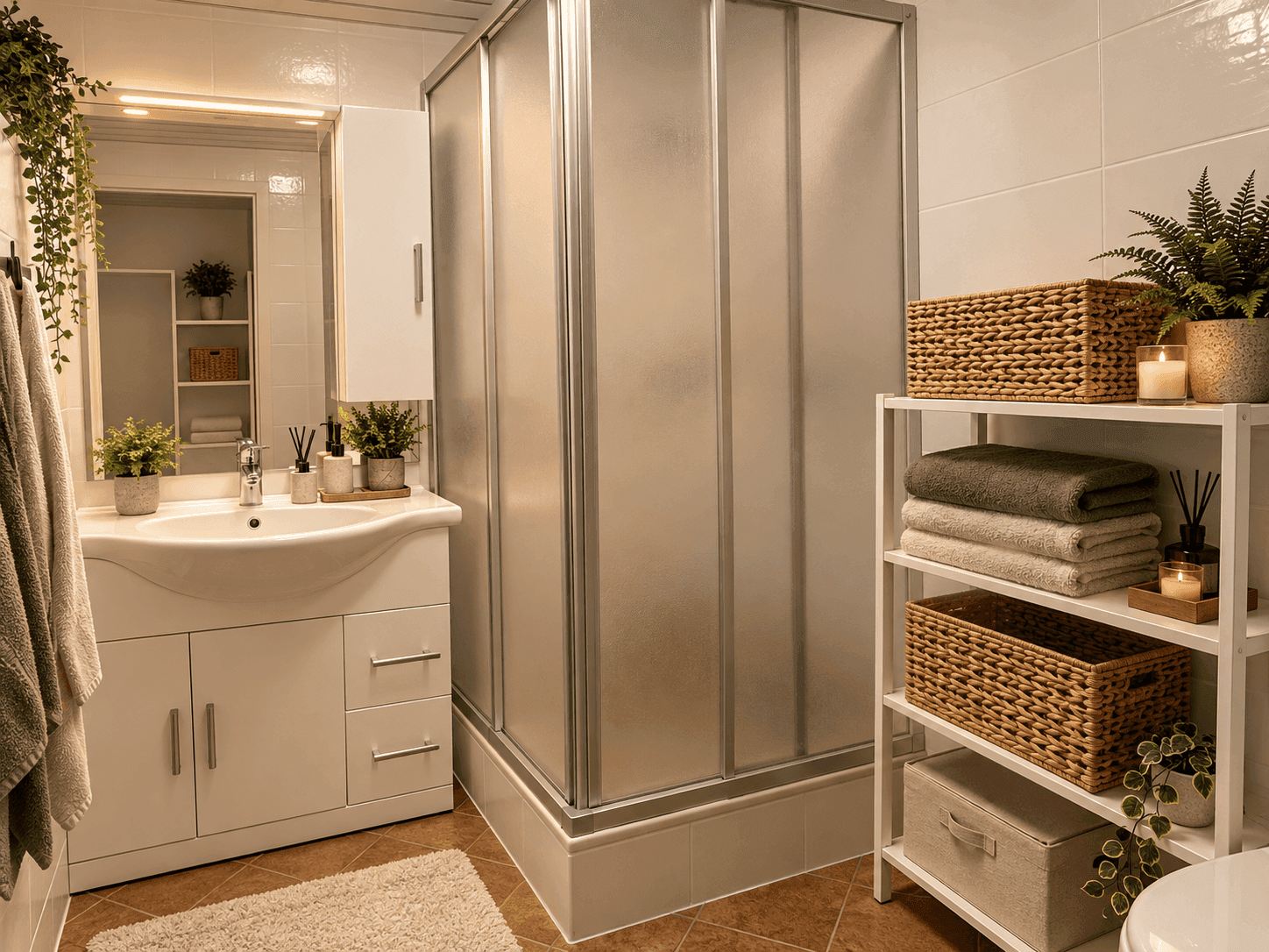 Funktionales Badezimmer mit Duschkabine, Einzelwaschbecken und praktischen Ablagemöglichkeiten.