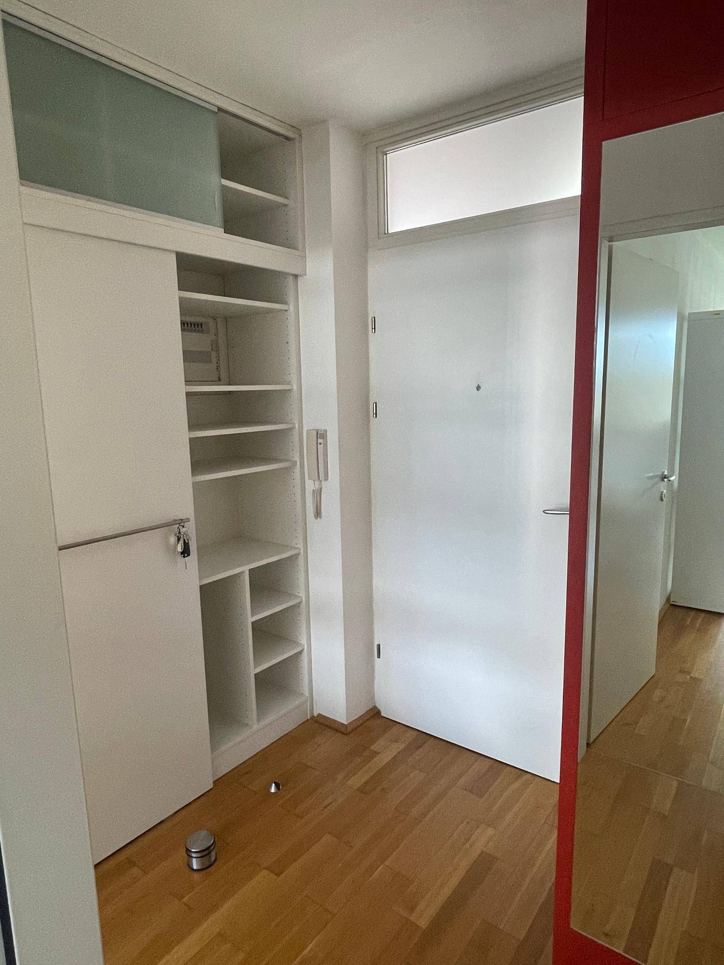 Eingangsbereich mit praktischen Einbauschränken und Holzboden.
