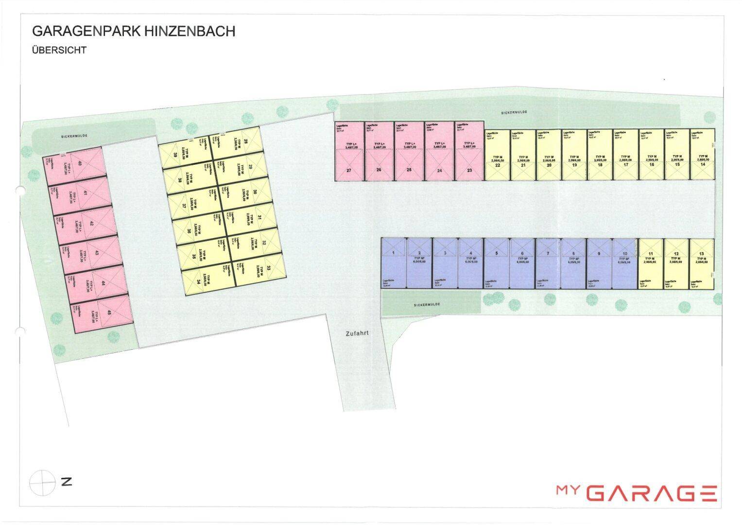 Übersichtsplan eines Garagenparks mit zahlreichen Stellplätzen und klar gekennzeichneter Zufahrt.