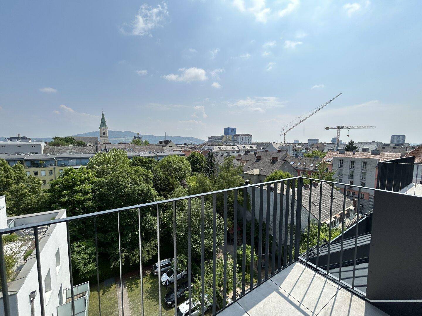 Weitläufiger Blick vom Balkon über die grüne Umgebung und die Stadt.