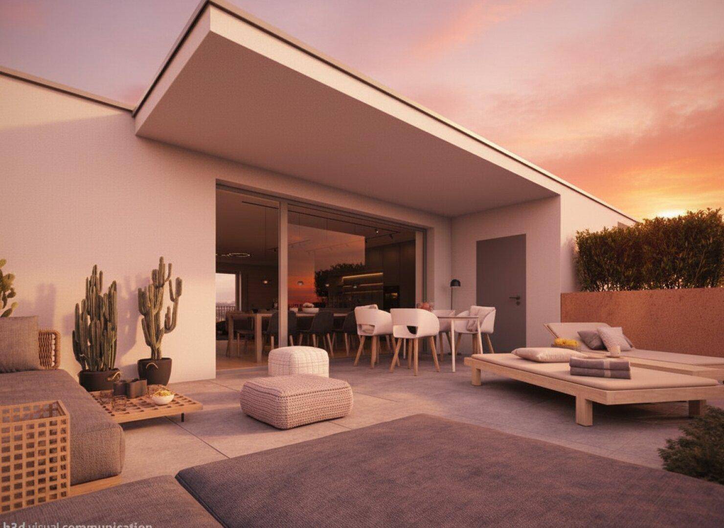 Moderne Dachterrasse mit Essbereich, Lounge-Möbeln und Blick auf den Sonnenuntergang.