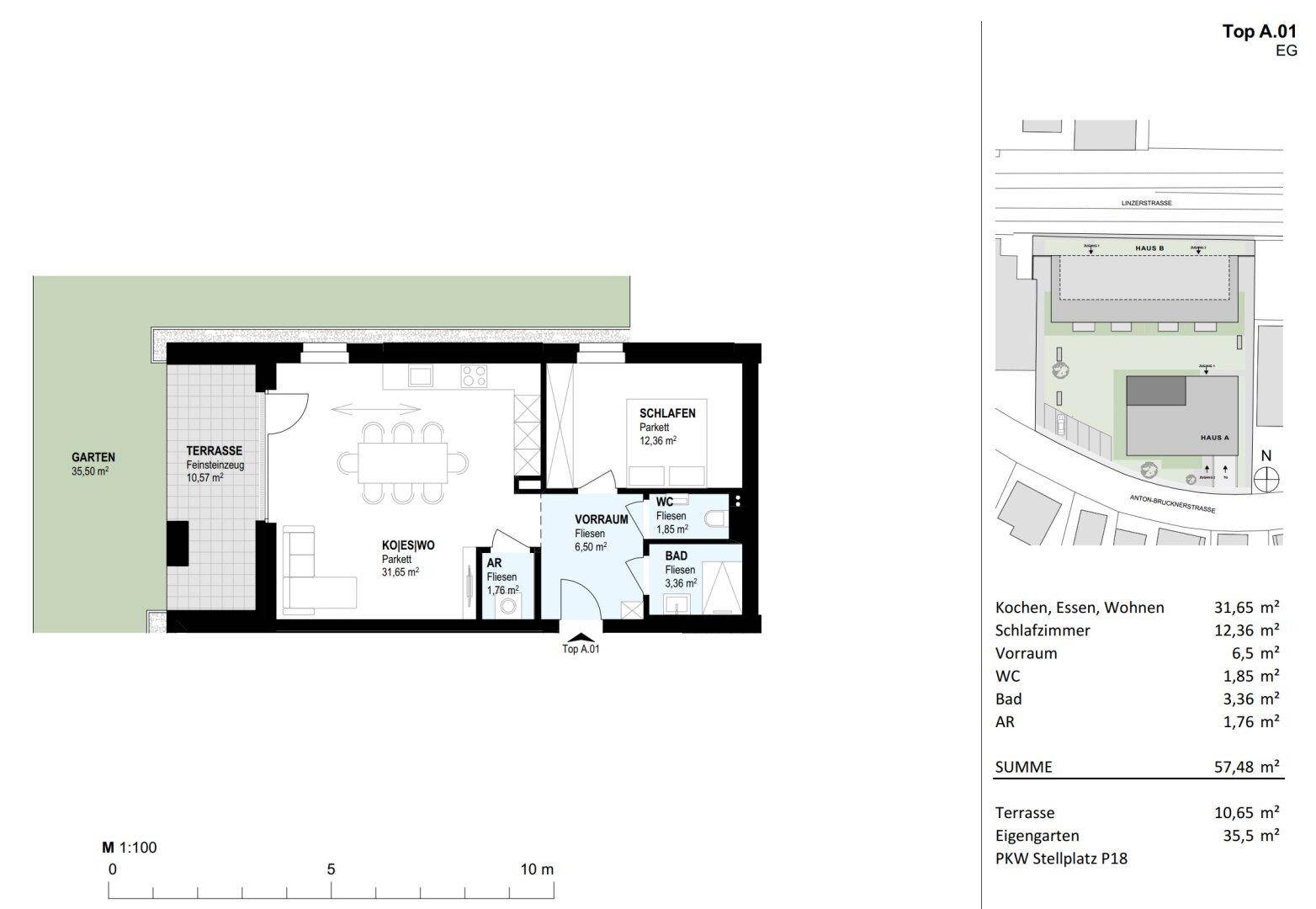 Grundriss der Erdgeschosswohnung Top A.01 mit Garten, Terrasse, offenem Wohnbereich und einem Schlafzimmer.