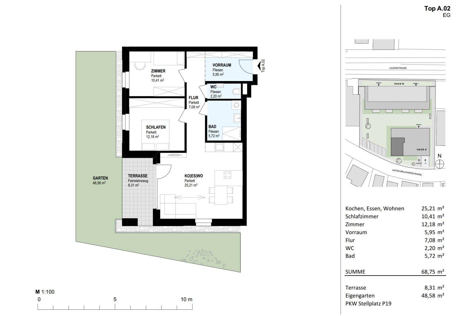 Grundriss der Wohnung A.02 im Erdgeschoss mit Terrasse, Gartenanteil und offenem Wohnbereich.