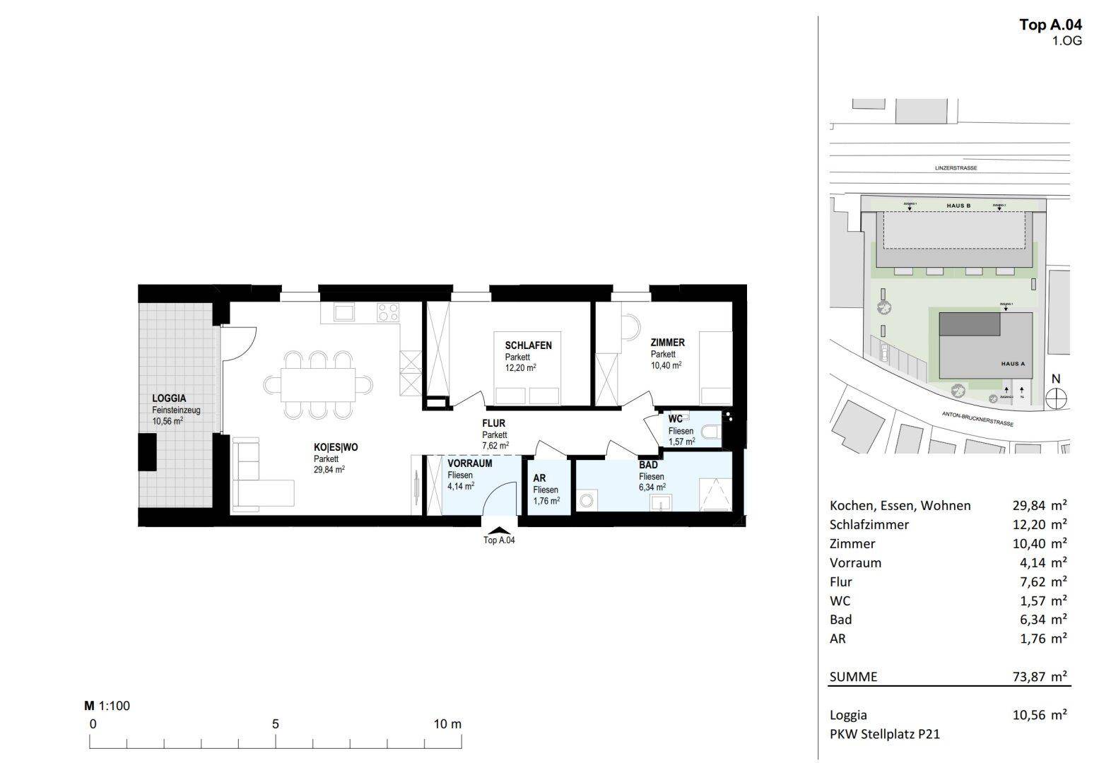 Dieser Grundriss zeigt eine Wohnung mit offenem Wohn-Essbereich, zwei Schlafzimmern, einem Badezimmer und einer Loggia.