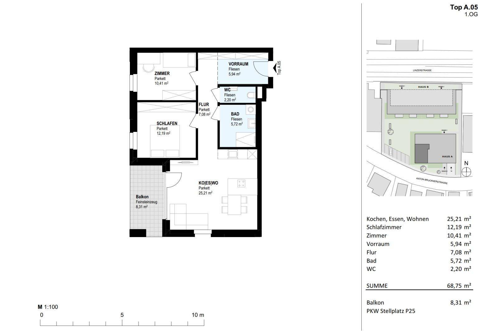 Grundriss der Wohnung Top A.05 im ersten Obergeschoss mit Balkon und offener Küche.