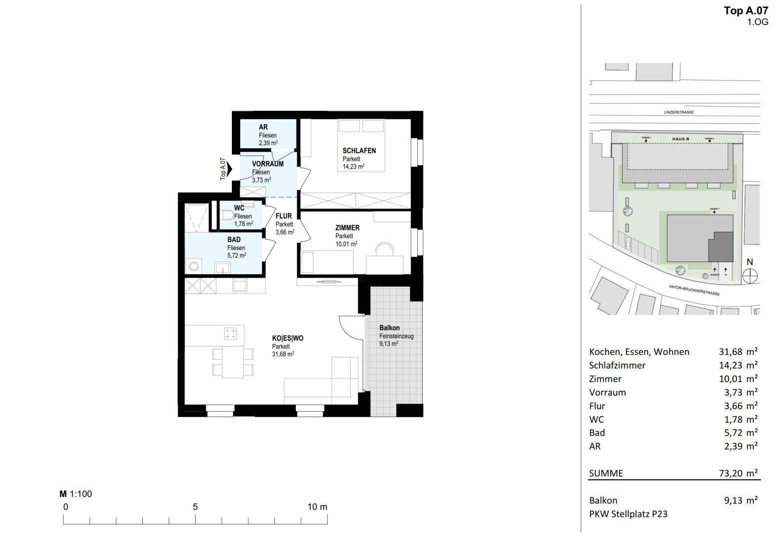 Detaillierter Grundriss einer Wohnung mit Balkon, Schlafzimmer und offenem Wohnbereich.
