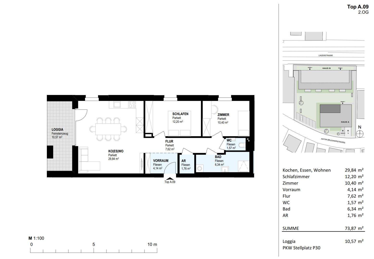 Detaillierter Grundriss der Wohnung A.09 im zweiten Obergeschoss mit Loggia und Raumaufteilung.