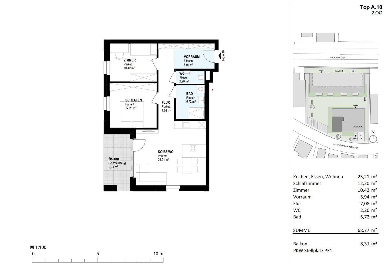 Grundriss der Wohnung A.10 im 2. Obergeschoss mit Balkon und klarer Raumaufteilung.