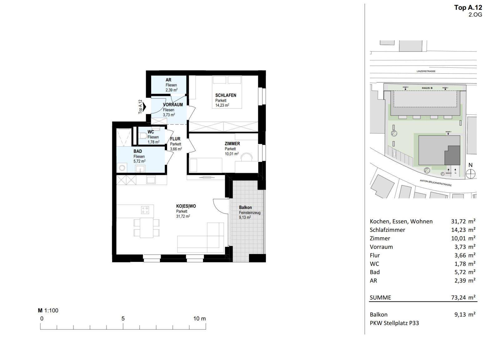Grundriss einer Wohnung mit Balkon, separatem WC und offenem Wohn-, Ess- und Kochbereich.